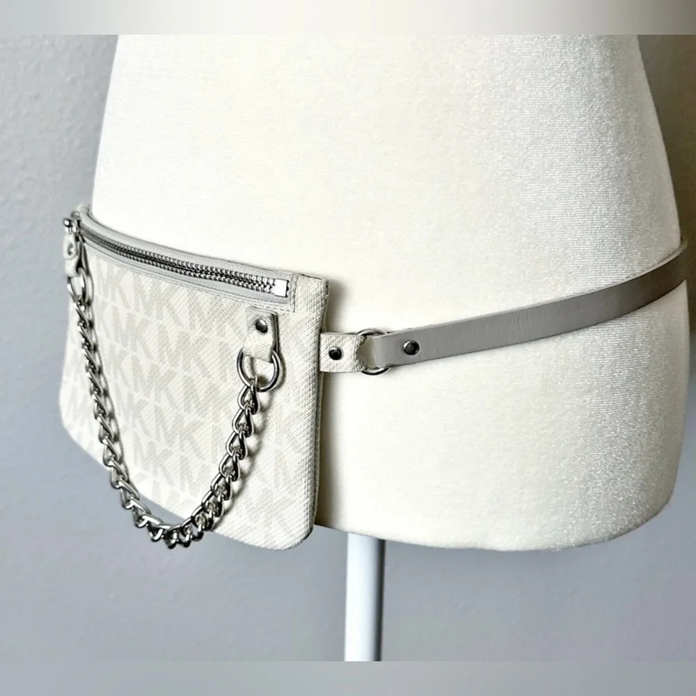 MICHAEL Michael Kors Monogram Coated Chain
Belt Bag White Metallic Size M EUC - Picture 2 of 10
